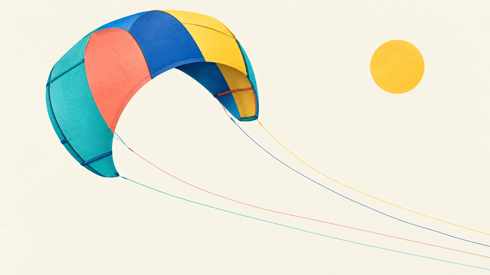 Ilustração decorativa de uma vela de kite colorida e um sol